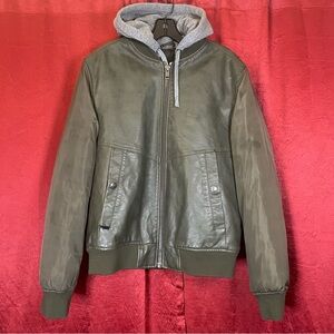 Express Hooded Olive Green Faux Leather Bomber Jacket Size Medium